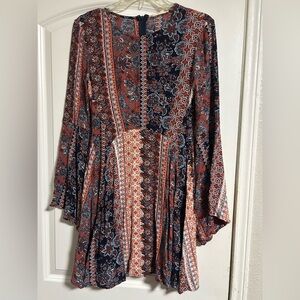 Altar'd State Brown and Blue Long Sleeve Sundress